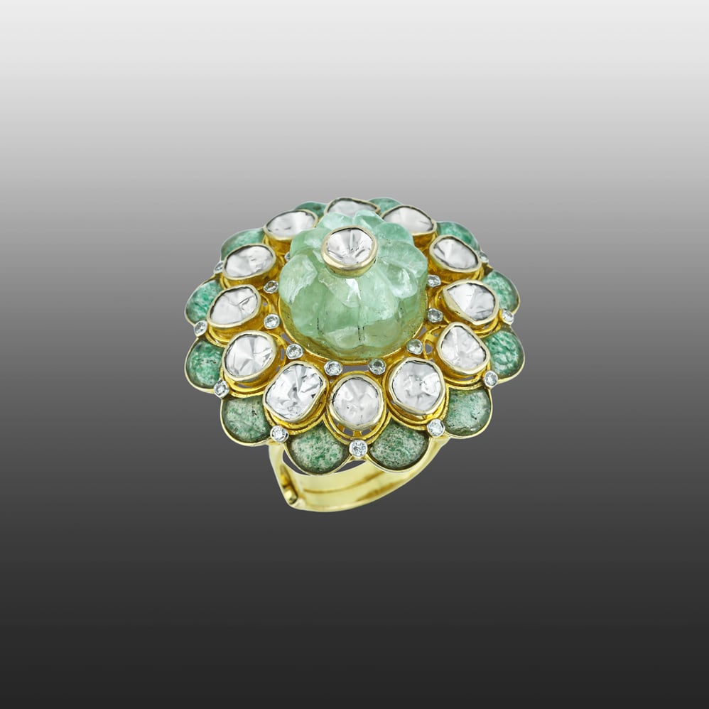 Floral Open Polki Ring with Center Melon Stone